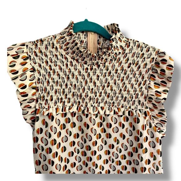 THML Anthropologie Shirt Ruffle Sleeve Preppy Smocked Top Cream Brown Size Large - Picture 6 of 8